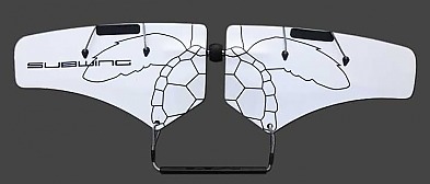 Fiberglass painted in white pearlescent paint with black graphics.