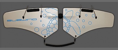 Fiberglass painted in white pearlescent paint with blue graphics.